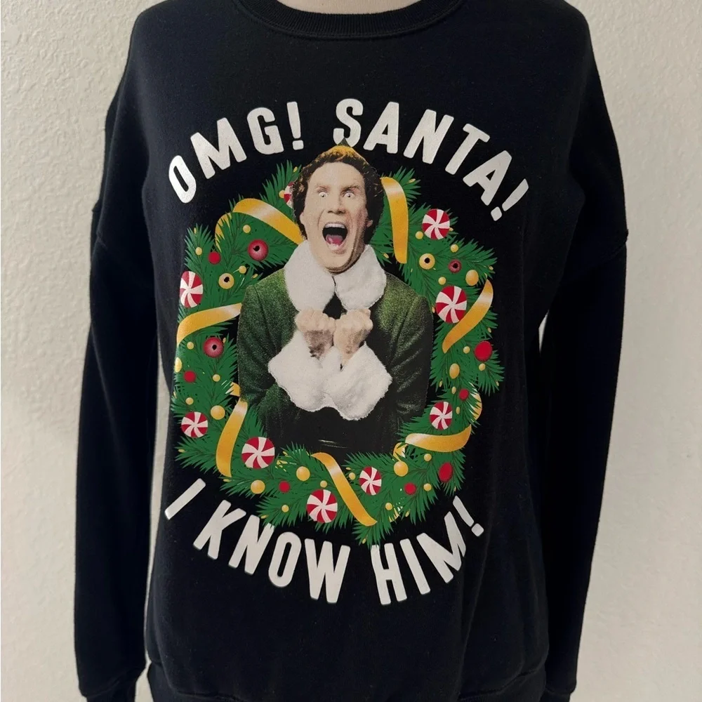 Elf OMG SANTA! Juniors Unisex Black Sweatshirt‎ Xmas Print XS EUC